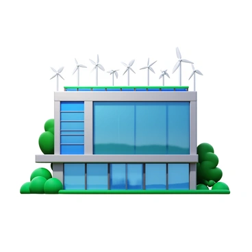 A modern zero-energy building featuring sleek architectural lines, large glass windows, and a green roof. The building is adorned with solar panels on its roof, catching sunlight for energy. To the side, multiple wind turbines are integrated into the design, spinning gently in the breeze. Surrounding the building is lush greenery, including trees and shrubs, enhancing its eco-friendly appeal.