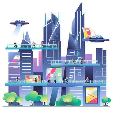 A futuristic cityscape is depicted with tall skyscrapers featuring angular shapes and sharp edges. The buildings have glowing neon outlines in shades of blue, purple, and pink, illuminating the scene against a dark sky. Flying vehicles with bright headlights are seen maneuvering between the structures. There are pedestrian pathways at different heights, filled with small groups of people dressed in advanced, sleek clothing. Various digital billboards display vibrant advertisements, adding to the technological ambiance of the city. The ground level features green spaces with illuminated trees, providing a contrast to the metallic and glass surroundings.