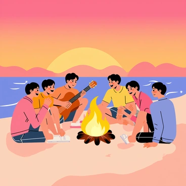 Seven BTS members gathered around a bonfire on a sandy beach at sunset. The sky is a gradient of orange, pink, and purple hues as the sun sets on the horizon. One member is playing an acoustic guitar, while others are sitting close, smiling and singing along. The warm glow of the fire casts a flickering light on their faces. Some of them are wearing casual beach attire, like t-shirts and shorts, while others have light sweaters on. The waves gently lap at the shore nearby, creating a peaceful atmosphere as they enjoy their time together.