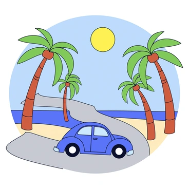 A blue VW Beetle driving along a winding road surrounded by tall palm trees. The palm trees have green fronds that sway gently in the breeze. The road is made of light gray asphalt, and the sun is shining brightly in a clear blue sky. In the background, there are hints of sandy beaches and ocean waves visible through the gaps between the trees.