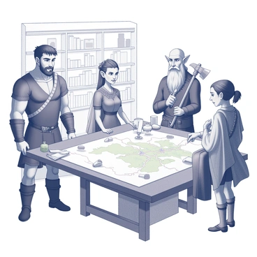 A diverse group of characters gathered around a large map spread out on a wooden table. The characters include a tall warrior with a muscular build, wearing a rugged leather armor, a slender elf with pointed ears and intricate clothing, a stout dwarf with a braided beard and a heavy axe slung over his shoulder, and a mysterious mage in flowing robes, her hands delicately tracing the routes on the map. They appear focused, with expressions of determination and excitement. Various items like swords, potions, and scrolls are scattered around the table, contributing to the atmosphere of adventure and planning. The surrounding space has shelves filled with books and artifacts, giving a sense of a well-used exploration room.
