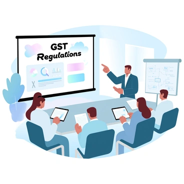 A group of individuals seated around a rectangular table is engaged in a corporate training session. Each participant is equipped with a laptop and a notebook, actively taking notes. A large projector screen at the front displays the title "GST Regulations" in bold letters. A facilitator stands beside the screen, pointing towards a flowchart illustrating key concepts of GST. The room is well-lit, featuring modern office decor, and there are windows allowing natural light to filter in. A whiteboard is positioned nearby, filled with handwritten notes and diagrams related to GST.