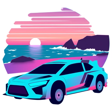 A rally car with a sleek, aerodynamic design is positioned prominently in the foreground. The car is a vivid shade of blue with bold racing stripes and sponsor logos emblazoned on its sides. Behind the car, a breathtaking sunset is unfolding, with a vivid display of orange, pink, and purple hues merging seamlessly in the sky. The sun, partially hidden on the horizon, casts a warm glow that intensifies the colors. The coastal road curves gently beneath the car, flanked by rocky cliffs and the deep blue ocean. The waves crash against the shore, reflecting the colors of the sunset. The scene captures the excitement of rally racing against the backdrop of a dramatic natural landscape.