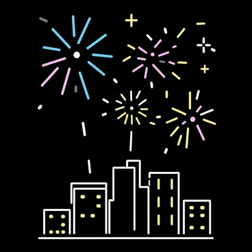 A dark night sky filled with bright, colorful fireworks exploding in various shapes and sizes. A silhouette of a city skyline is visible below the bursts of light. Skyscrapers with windows glowing reflect the brilliant colors of the fireworks above. The scene captures the dynamic energy of the fireworks as they create vivid patterns against the backdrop of the night.