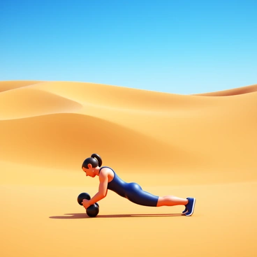 A person performing a renegade row exercise in a vast desert landscape. The individual is in a plank position, gripping two dumbbells. The surrounding environment features large, rolling sand dunes under a bright blue sky. The sunlight casts sharp shadows on the dunes, emphasizing their texture and contours. The person's athletic attire is fitted and practical for workout activities. The scene conveys a sense of isolation and determination amidst the expansive sandy terrain.