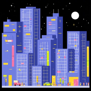 A vibrant night cityscape featuring a variety of towering skyscrapers illuminated by colorful lights. The buildings have different architectural styles with glass façades reflecting the lights from below. A dark blue sky filled with stars provides the backdrop, while bright neon signs in pink, green, and yellow adorn the sides of the buildings. The street below is bustling with activity, showcasing small colorful vehicles and people walking along the sidewalks. A large moon hangs overhead, casting a soft glow over the entire scene.