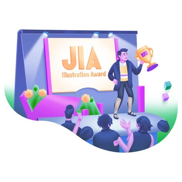 An artist on stage giving an acceptance speech after winning the JIA Illustration Award