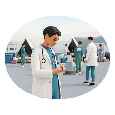A nurse, wearing a blue scrubs and a white lab coat, is attending to a patient in a remote field hospital. The nurse has a stethoscope around her neck and is gently checking the patient's pulse. The field hospital is set up with tents, medical supplies scattered around, and a few makeshift beds. In the background, there are medical equipment and a couple of other healthcare workers assisting patients. The nurse's expression shows concentration and compassion as she provides care in this challenging environment.