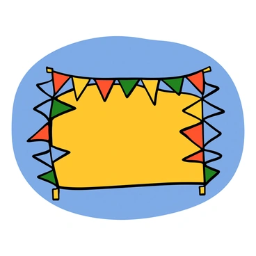 An illustration board filled with colorful festival flags fluttering at the edges. The flags are a mix of vibrant colors such as red, blue, yellow, and green, each with unique patterns and designs. The flags are triangular and rectangular in shape, creating a lively border around the board. The background behind the flags is a clear blue sky, accentuating the brightness of the colors. The scene conveys a sense of celebration and joy, inviting viewers to imagine a festive atmosphere.