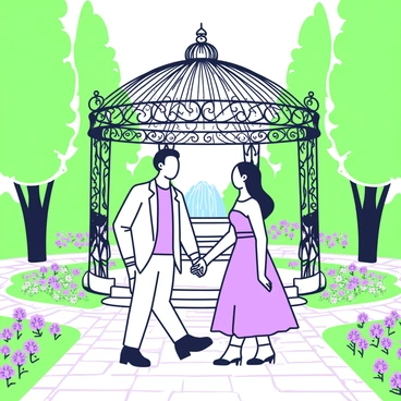 A young couple is playfully interacting in a grand palace garden. The man is wearing a light-colored suit, while the woman is dressed in an elegant gown. They are standing under a large, intricately designed gazebo made of wrought iron. Surrounding them are meticulously arranged flower beds filled with various plants. In the background, a marble fountain with water gently cascading is visible. The couple is laughing and holding hands, with sunlight filtering through the leaves of tall trees that frame the scene. A stone pathway leads through the garden, adding depth to the composition.