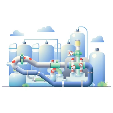 A wastewater treatment plant is depicted in the scene, showcasing a large, structured facility with multiple tanks and machinery. In the foreground, there is a complex heat exchanger system, featuring a series of blue and silver pipes intertwined with each other. Various gauges and valves are attached, indicating the flow and temperature. Surrounding the heat exchanger are clear tanks filled with treated water, displaying a clean and filtered appearance. The plant is situated under a bright blue sky, with a few scattered clouds, enhancing the industrial yet functional atmosphere of the setting.