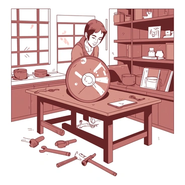 Brigitte is sitting at a wooden workbench in a cozy workshop. She is focused on repairing her large, round shield, which has intricate designs and a few visible dents. Around her, various tools are scattered, including wrenches, hammers, and pliers, all on the bench and the floor. The walls of the workshop are lined with shelves filled with additional tools and materials, creating a warm and inviting atmosphere. Soft light filters in through a small window, casting gentle shadows across the scene.