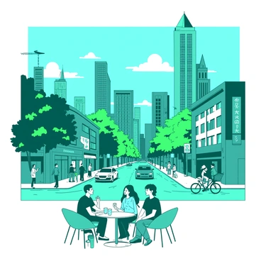 A teal city skyline filled with towering buildings and bright storefronts. The streets are bustling with people walking, riding bicycles, and cars in motion. Colorful banners and signs hang from the shopfronts, adding to the vibrant atmosphere. Trees with green leaves line the sidewalks, providing some shade to pedestrians. The sky is a bright shade of blue with a few fluffy white clouds floating by. In the foreground, a small group of friends is sitting at an outdoor café, enjoying drinks and chatting animatedly.