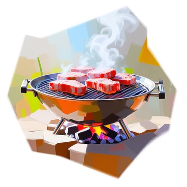 A barbecue grill positioned outdoors, featuring several pieces of meat sizzling over glowing coals. The grill has a shiny metal surface, and smoke is rising visibly, curling into the air. Juices from the meat drip onto the coals, creating a light haze around the grill. In the background, there are hints of green grass and a blue sky, suggesting a warm, sunny day.