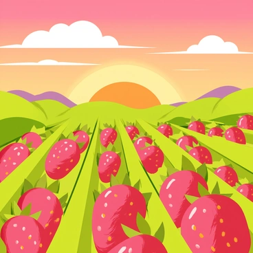 A landscape featuring endless rows of vibrant red strawberries growing in lush green fields. The sky is painted in warm hues of orange, pink, and purple as the sun sets on the horizon. Soft hills are visible in the background, adding depth to the scene. Fluffy white clouds drift lazily across the sky, reflecting the colors of the sunset. A gentle breeze causes the strawberry plants to sway slightly, creating a picturesque and serene countryside scene.