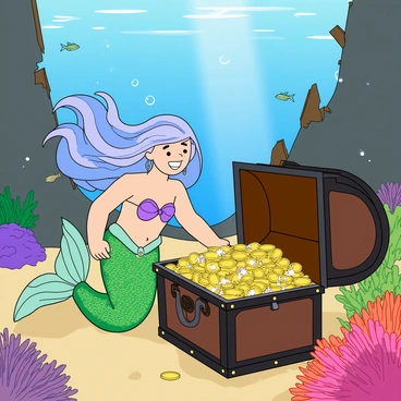 A young mermaid with shimmering green scales and flowing long hair in shades of blue and purple is exploring a sunken shipwreck. She is surrounded by colorful coral and small fish swimming nearby. The shipwreck has broken wooden beams and barnacles attached to its surface, and bubbles are rising around her. The mermaid is peering excitedly into an ornate treasure chest that is partially buried in the sand. The chest is made of dark wood with intricate carvings and is overflowing with sparkling gold coins, shimmering jewels, and glowing pearls. Light filters through the water, casting a magical glow on the entire scene.