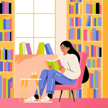A girl with long brown hair is sitting in a cozy corner of a library. She is wearing a soft, oversized sweater and has glasses perched on her nose. She is completely absorbed in a colorful book that she holds open in her lap. Surrounding her are towering bookshelves filled with books of various sizes and colors. A warm, golden light filters in from a nearby window, casting gentle shadows across the room. There is a plush armchair where she sits, and a small wooden table beside her holds a steaming cup of tea. The entire scene feels inviting and peaceful.