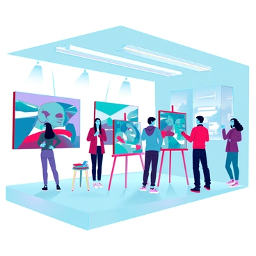 A modern art gallery showcasing sharp illustrations of abstract art pieces on display.