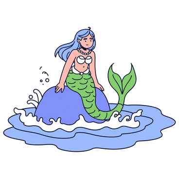 A mermaid with long flowing hair sits gracefully on a large rock in the ocean. She has shimmering green tail scales that catch the light. Her upper body is adorned with seashells. The waves crash around her, creating frothy white splashes. The mermaid leans forward slightly, as if "whispering wishes" into the rolling waves. The background shows gentle ripples on the surface of the ocean.