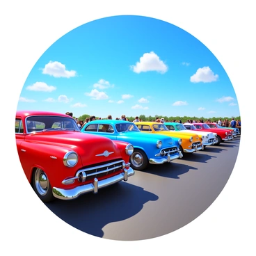 A vibrant vintage car show with several classic cars displayed in a row. The cars include various models, each with unique colors such as red, blue, and yellow. The scene is set under a bright blue sky filled with a few fluffy white clouds. Sunlight reflects off the polished surfaces of the cars, highlighting their details like chrome bumpers and glossy paint jobs. In the background, a small crowd of people admires the vehicles, engaging in conversations about the different models.