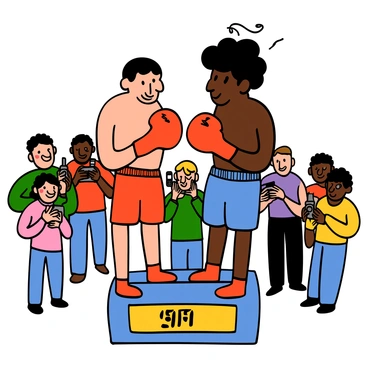 Boxers standing on a scale and facing each other during a weigh-in event