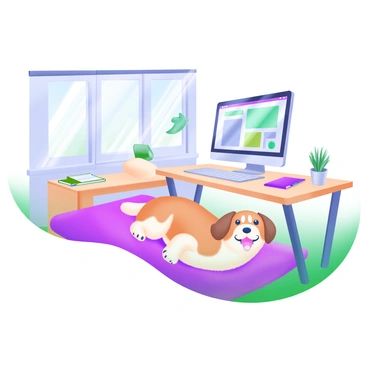 A friendly office dog with fluffy fur, lying comfortably on a cozy rug. The dog has a playful expression, with its tongue out and tail wagging gently. Next to the dog, there is a modern desk made of light wood, featuring a sleek computer with a bright screen displaying various applications. The scene includes a few office supplies scattered on the desk, such as a notebook, a pen, and a potted plant. Sunlight streams in through a nearby window, casting soft shadows around the room.