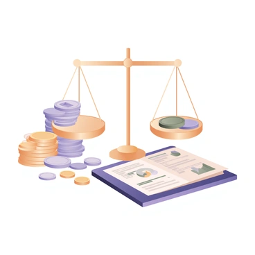 A digital flat illustration featuring a balance scale positioned centrally. On the left side of the scale, there are several stacks of coins, varying in height and size, with shiny gold and silver coins prominently displayed. On the right side of the scale, there are several audit documents neatly arranged, with some featuring graphs and charts visible on their pages. The balance scale is detailed with a metallic finish, and the background is a simple, solid color to emphasize the elements of the illustration.