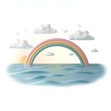 A calm sea with gentle waves, reflecting shades of blue and green. The water is clear, showing glimpses of marine life beneath the surface. A vibrant rainbow arches gracefully over the horizon, its colors vivid against the brightening sky. Fluffy white clouds are scattered across the sky, some still holding traces of the recent storm. Seagulls can be seen flying in the distance, and the sun is beginning to break through, casting a warm light across the scene.