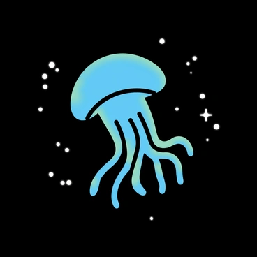 An anemone with flowing, delicate tentacles is positioned in the center of the image. The anemone is glowing softly in shades of blue and green, creating an ethereal effect in the dark surroundings. Surrounding the anemone are tiny bioluminescent plankton, each emitting a faint, shimmering light. The ambient darkness enhances the glow of both the anemone and the plankton, creating a captivating underwater scene.