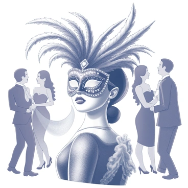 A whimsical mask worn by a stylish individual at a masked ball, adorned with feathers and jewels