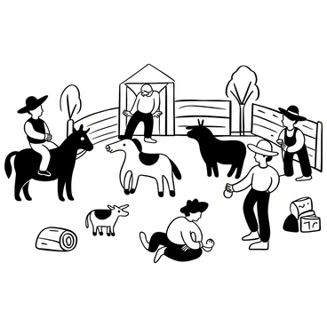A group of children wearing cowboy hats and vests is engaging in play in a designated buckaroo area. There are several miniature bulls and horses scattered throughout the space. One child is sitting on the back of a small horse while another child is pretending to rope a bull with a lasso. Nearby, two children are playing with a toy barn and hay bales. The area is surrounded by wooden fencing and has a few trees in the background.