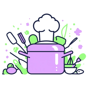 A cooking pot is centered in the image, crafted from shiny metal. On top of the pot, there is a chef's hat, with a round and fluffy appearance. Surrounding the pot, various kitchen utensils are arranged, including a spatula, whisk, and wooden spoon, all leaning against the sides of the pot. The background is filled with subtle hints of kitchen elements, such as cutting boards and spices, creating a cohesive cooking atmosphere.