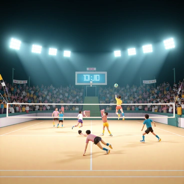 A volleyball court, brightly illuminated with powerful floodlights, creating a vibrant atmosphere. Players in colorful jerseys are energetically jumping to spike the ball over the net. The audience in the stands is filled with excited fans, some waving banners and others cheering loudly. The scoreboard in the background displays the current score, adding to the intensity of the game. The sand on the court is kicked up as players dive to make crucial saves, showcasing their athleticism and teamwork.