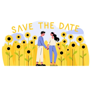 A couple standing in a vibrant sunflower field, holding hands. The sunflowers are tall and bright yellow, creating a cheerful atmosphere. Surrounding the couple, sunflowers are arranged to spell out "Save the Date" in bold letters. The sky above is clear and blue, adding to the warmth of the scene. The couple is dressed in casual, light-colored clothing, with smiles on their faces, reflecting joy and love in the moment.