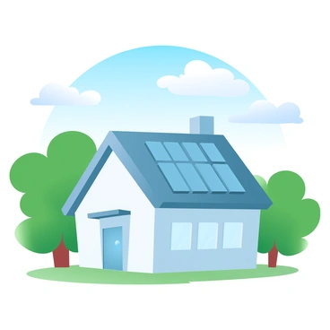 A house with a modern design is topped with several solar panels on the roof. The exterior of the house features light-colored walls that contrast with the greenery around it. Surrounding the house are lush green trees that provide shade and vibrancy to the scene. Above, a bright blue sky stretches out, dotted with a few fluffy white clouds. The sunlight casts gentle shadows of the trees onto the house and the ground.