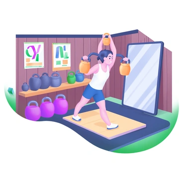 A vintage gym setting filled with rustic wooden walls and floors. In the center, an individual is performing kettlebell swings with an old-school, cast-iron kettlebell. The person has a focused expression, wearing a simple tank top and athletic shorts. Surrounding them are various old-school kettlebells of different sizes and weights, lined neatly on a wooden shelf. There is also a worn-out exercise mat on the floor and a large mirror reflecting the scene, adding depth to the atmosphere. A few vintage posters of fitness exercises are visible on the walls, enhancing the nostalgic feel of the gym.