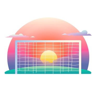 A silhouette of a soccer goal stands prominently in the foreground. The goal is depicted with its rectangular frame and net clearly defined. Behind it, a vibrant sunset sky features a gradient of warm colors, with deep oranges, pinks, and purples blending seamlessly. The sun is partially set on the horizon, casting a soft glow that enhances the colors of the sky. Wispy clouds are scattered across the sky, reflecting the sunset hues, adding depth to the scene.