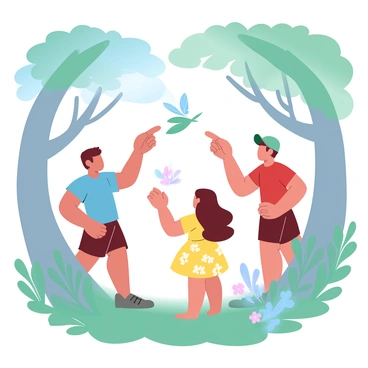 A group of three children, two boys and one girl, is exploring a dense forest. One boy is wearing a blue t-shirt and brown shorts, while the other boy is dressed in a green cap and a red t-shirt. The girl is wearing a yellow dress with floral patterns. They are surrounded by tall trees with lush green leaves. The children are pointing excitedly at a colorful butterfly perched on a leaf, while another child is looking at a small, vibrant flower nearby. Sunlight filters through the branches, casting soft, dappled light on the forest floor, adorned with various ferns and shrubs.