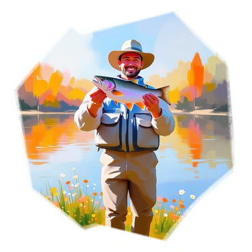 An angler with light skin, wearing a blue fishing vest and a wide-brimmed hat, stands proudly by the edge of a tranquil lake. He is holding up a freshly caught trout, glistening with water droplets in the sunlight. Behind him, the lake reflects the vibrant colors of the surrounding trees and the clear blue sky. In the foreground, there are patches of green grass and a few scattered wildflowers. The angler has a joyful expression, showcasing his catch.