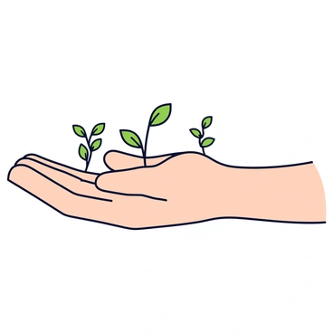 An open hand with a light skin tone, fingers slightly curled. Tiny green plants with delicate leaves emerge from the fingertips, their stems slender and vibrant. The hand is positioned palm-up, showcasing the plants as they gently sway. Each plant varies slightly in shape and size, adding diversity to the scene. The background is simple and unobtrusive, allowing the focus to remain on the hand and the tiny plants.