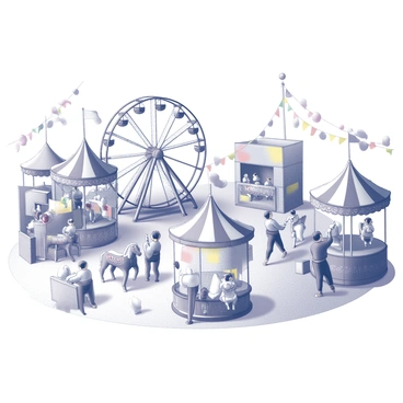 A lively carnival scene with old-fashioned rides and carnival games