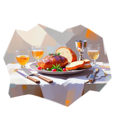 A medieval banquet plate is set on a rustic wooden table, featuring a generous serving of golden-brown roast meat, glistening with juices. Beside the meat, there are thick slices of freshly baked bread, with a crispy crust and soft interior. The plate is adorned with a few fresh herbs for garnish, adding a touch of color. Surrounding the plate, several goblets and wooden utensils are scattered across the table, enhancing the medieval dining atmosphere.