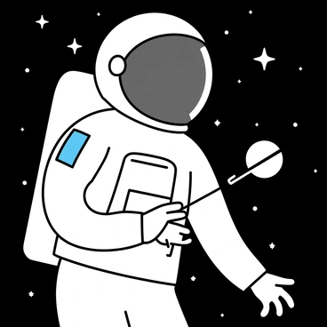An astronaut, wearing a white spacesuit with various patches, is floating in the darkness of space. The astronaut is focused on stitching a small patch onto the arm of the suit. The surrounding area is filled with distant stars and the curvature of a planet can be seen in the background. The astronaut's helmet reflects a hint of the planet's surface, adding detail to the scene. The tool used for stitching is visible in the astronaut's gloved hand.