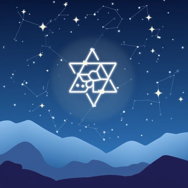 A night sky is filled with numerous bright stars, creating intricate constellations that weave together. The stars are twinkling against a deep blue backdrop, with some areas appearing darker than others. In the center, the constellations are aligning to form a mysterious symbol, glowing with a faint white light. Surrounding the symbol are clusters of stars that enhance its prominence in the sky. Silhouetted against the celestial scene are distant mountains, adding depth to the landscape.