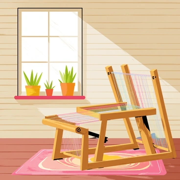 A wooden loom positioned inside a rustic farmhouse. The loom is intricately woven with colorful threads, showcasing a vibrant pattern. Sunlight streams through a nearby window, casting warm rays that illuminate dust particles in the air. The walls are made of weathered wooden planks, and a handwoven rug lies on the floor. Potted plants sit on the windowsill, adding greenery to the cozy space.