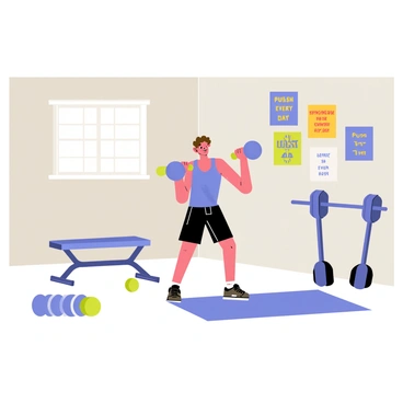 A teenager with short brown hair is lifting a pair of dumbbells in a home gym. The teenager is wearing a blue tank top and black shorts. The gym has a light grey wall adorned with several colorful motivational posters featuring phrases like "Push Yourself" and "Stronger Every Day". There are weights and exercise equipment scattered around, including a bench press and a yoga mat on the floor. A small window lets in natural light, illuminating the space.