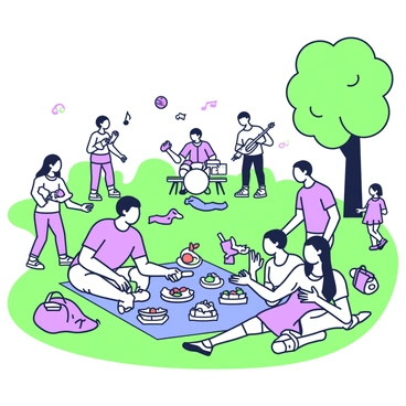 A diverse group of families is enjoying a picnic in a park. One family is set up on a blue blanket, sharing sandwiches and fruit, while a nearby family is playing with a frisbee. There are picnic baskets and colorful plates scattered around, filled with various foods. Children are playing near a tree, with a dog happily chasing after a ball. In the background, a small band is performing, with musicians playing instruments. There are notes of music flowing through the air. The park is filled with greenery and picnic tables under a clear sky.