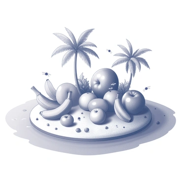 A small island surrounded by calm waters. The ground is covered with oversized fruit, such as large apples, bananas, and oranges, each with intricate textures and details. Scattered throughout the scene are tiny fruit flies, depicted as small, delicate creatures hovering around the fruit. The island features lush greenery, with palm trees and shrubs, enhancing the vibrant habitat. The sky above is clear, providing a bright environment for this unique ecosystem.