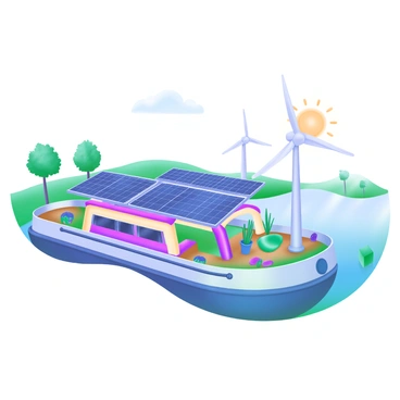 A solar-powered barge navigating gently on the water, showcasing various elements of green technology prominently on its deck. The barge features large, gleaming solar panels arranged on top, reflecting sunlight. There are wind turbines installed at the rear, spinning gracefully in the breeze. Scattered around the deck are potted plants and a small garden, emphasizing sustainability. In the background, there are trees lining the shore, creating a peaceful natural setting. The sky is clear and bright, enhancing the overall feel of eco-friendliness and innovation.