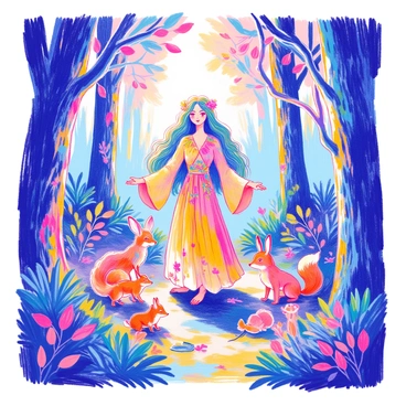 A gentle forest dryad with long flowing green hair is standing amidst a grove of ancient trees. Her skin has a soft bark-like texture, and she wears a dress made of leaves and flowers that blends seamlessly with the forest around her. Small woodland creatures, including a curious fox, a couple of rabbits, and a squirrel, gather around her feet, looking up with interest. Sunlight filters through the canopy, casting dappled shadows on the forest floor filled with ferns and wildflowers. The dryad's arms are outstretched, and leaves from nearby trees seem to gently swirl around her.
